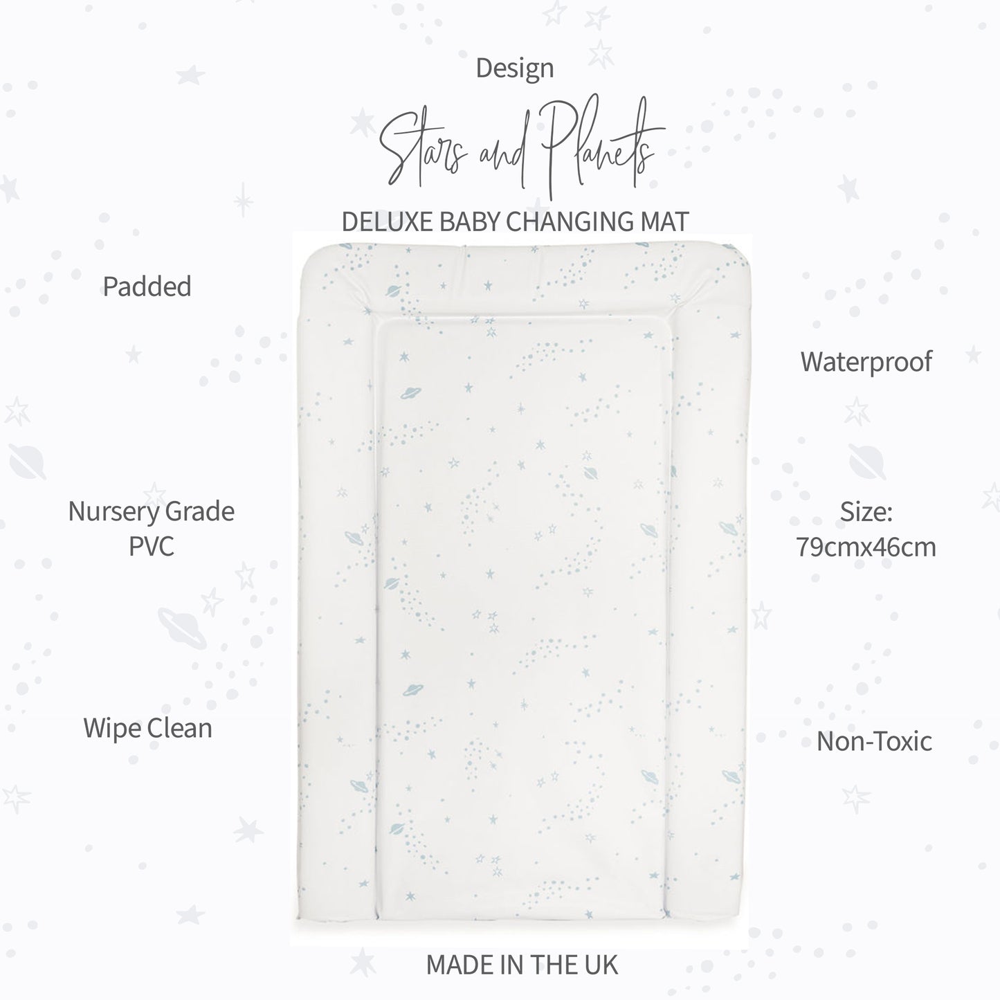 Stars baby changing mat with muted blue star and space pattern, waterproof PVC anti roll baby changing pad, UK made nursery changing mat for babies