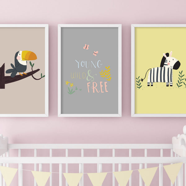 safari animal prints, zebra print, toucan print, jugnle animal themed nursery, safari toddler room
