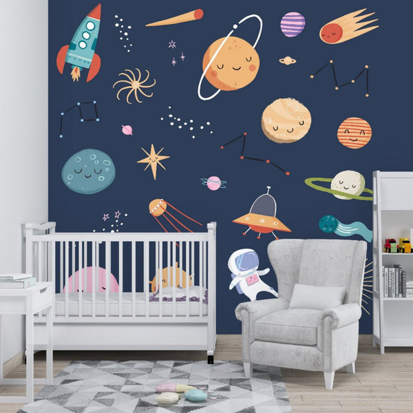 navy wall paint, planet stickers, planets for kids, space wall decals, space for kids, rocket stickers, star decor