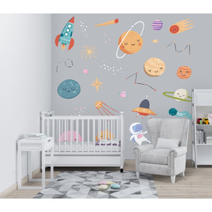 Space wall stickers in a space baby nursery; solar system wall decals