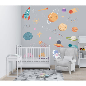 Space wall stickers in a space baby nursery; solar system wall decals