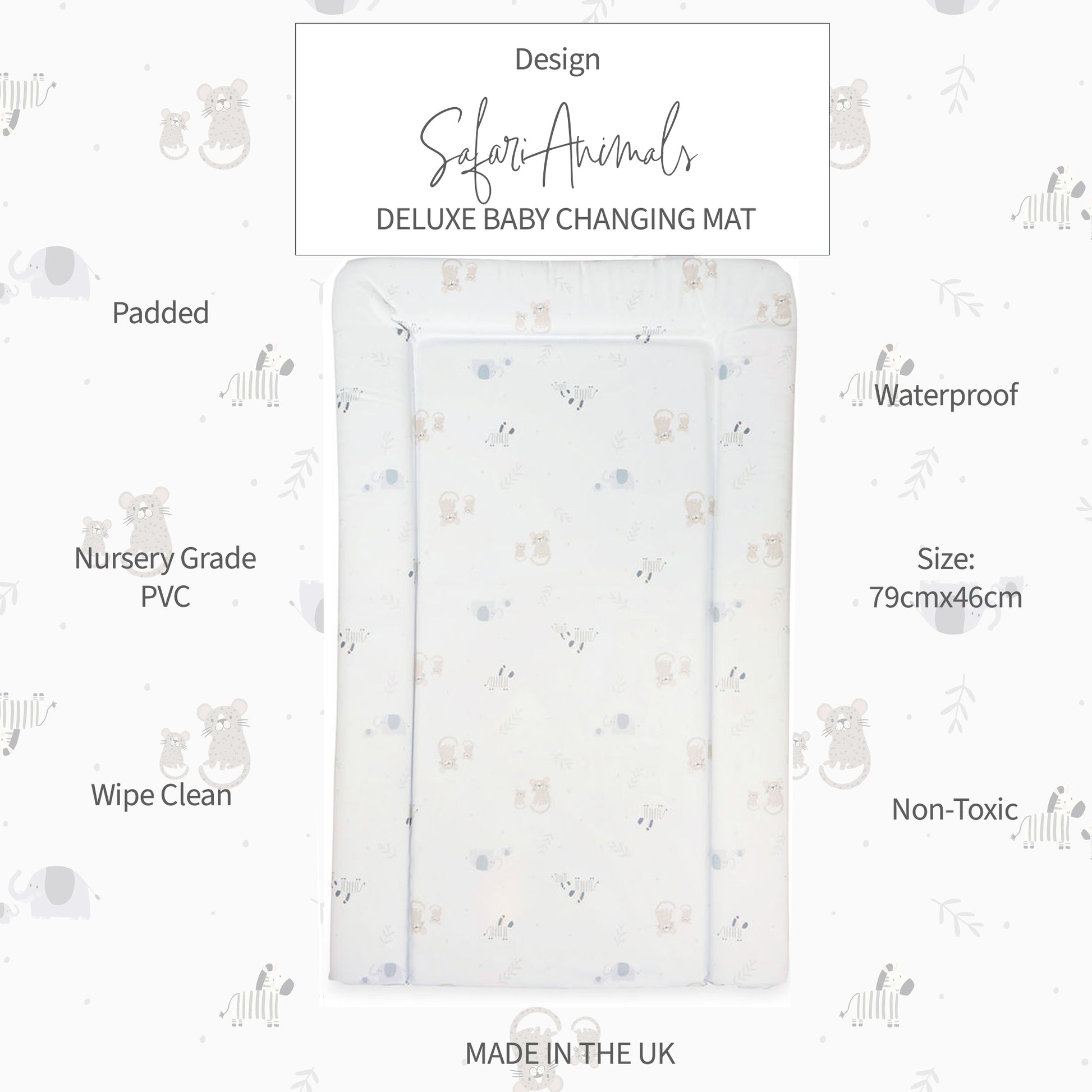 Baby changing mat with safari animal design on a white background