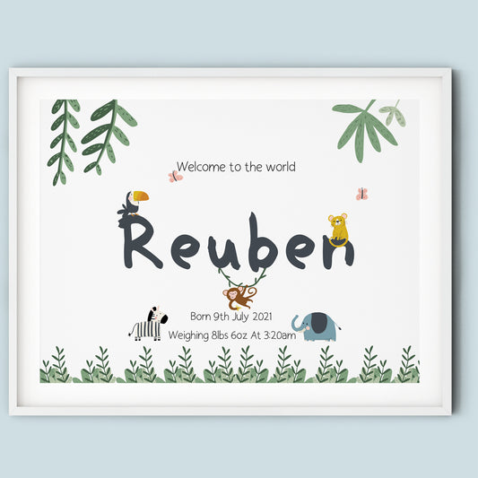 New Baby Keepsake Birth Details Print | Safari Nursery Wall Art Decor