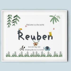 New Baby Keepsake Birth Details Print | Safari Nursery Wall Art Decor