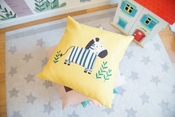Zora Zebra Yellow Throw Pillow | Young, Wild & Free Range |  Kids Gift Idea