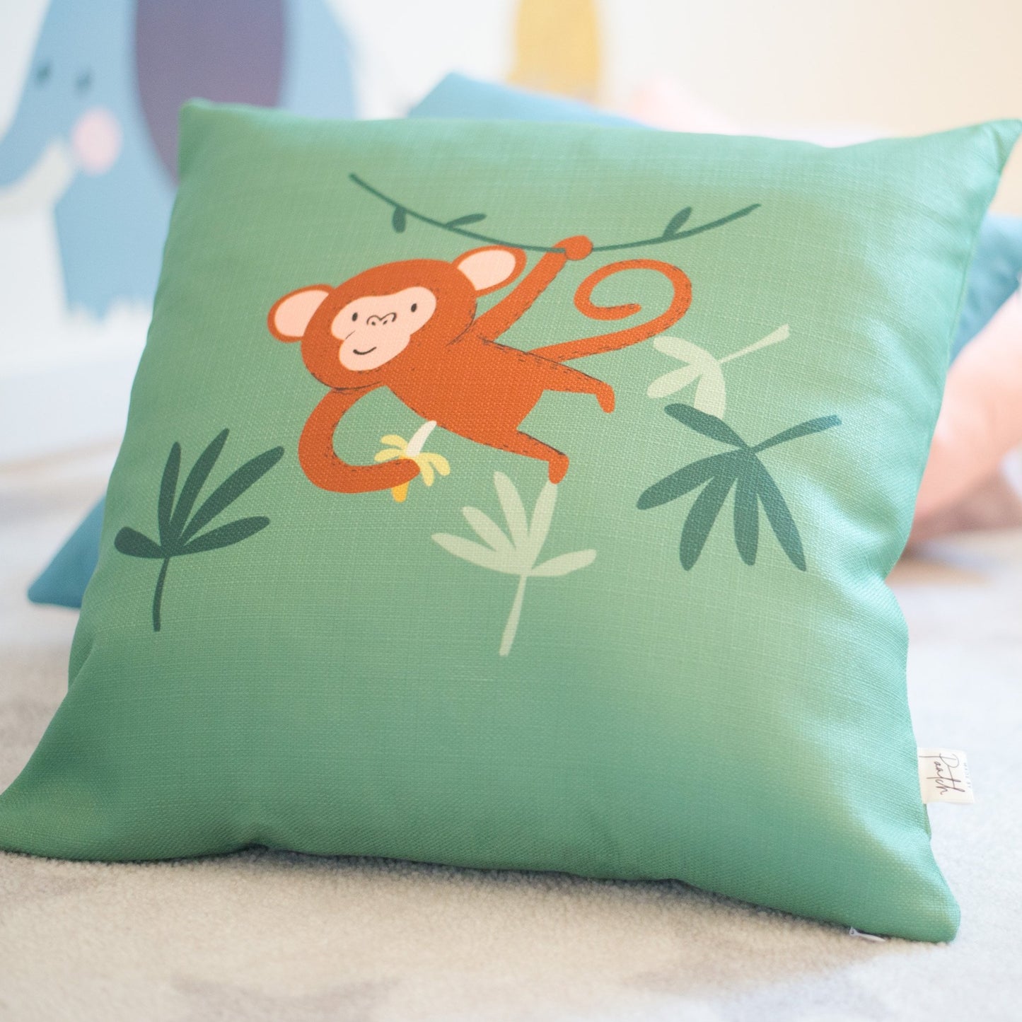 Products Mikey Monkey Green Home Cushion Cover for Baby Nursery, Children’s Room or Playroom Décor