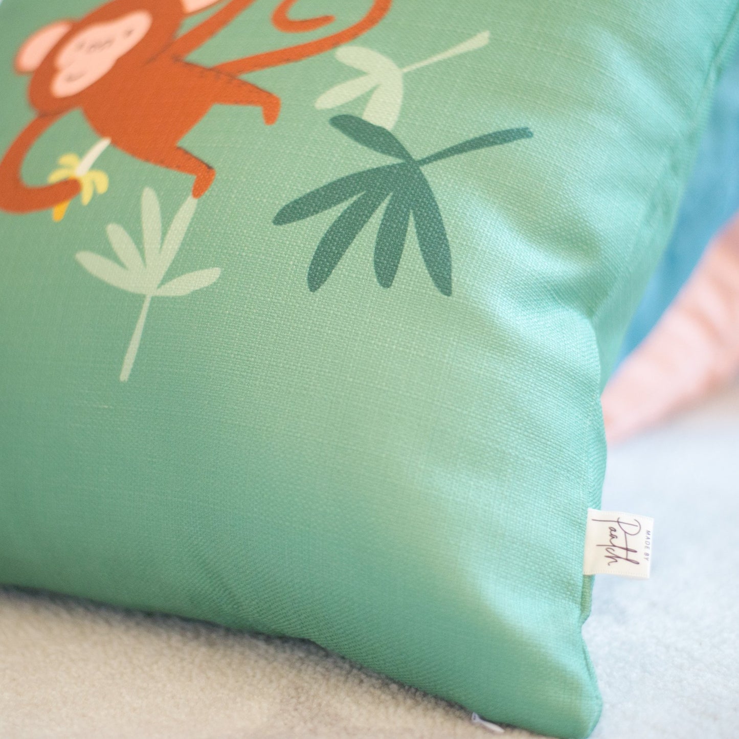 Products Mikey Monkey Green Home Cushion Cover for Baby Nursery, Children’s Room or Playroom Décor