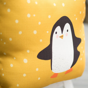 Kids gift ideas, penguin cushion cover in mustard anad black and white