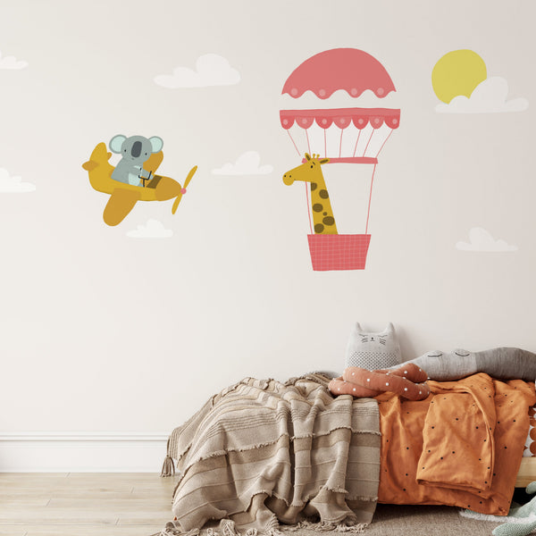 koala print nursery, cloud kids nursery wall stickers featuring a koala and a giraffe in a hot ait balloon