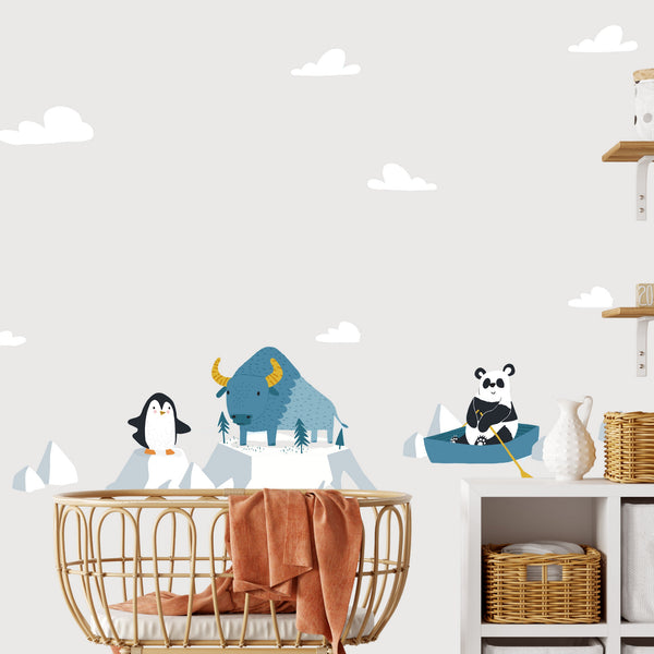 farm nursery animals, buffalo, penguin baby nursery, panda wall sticker