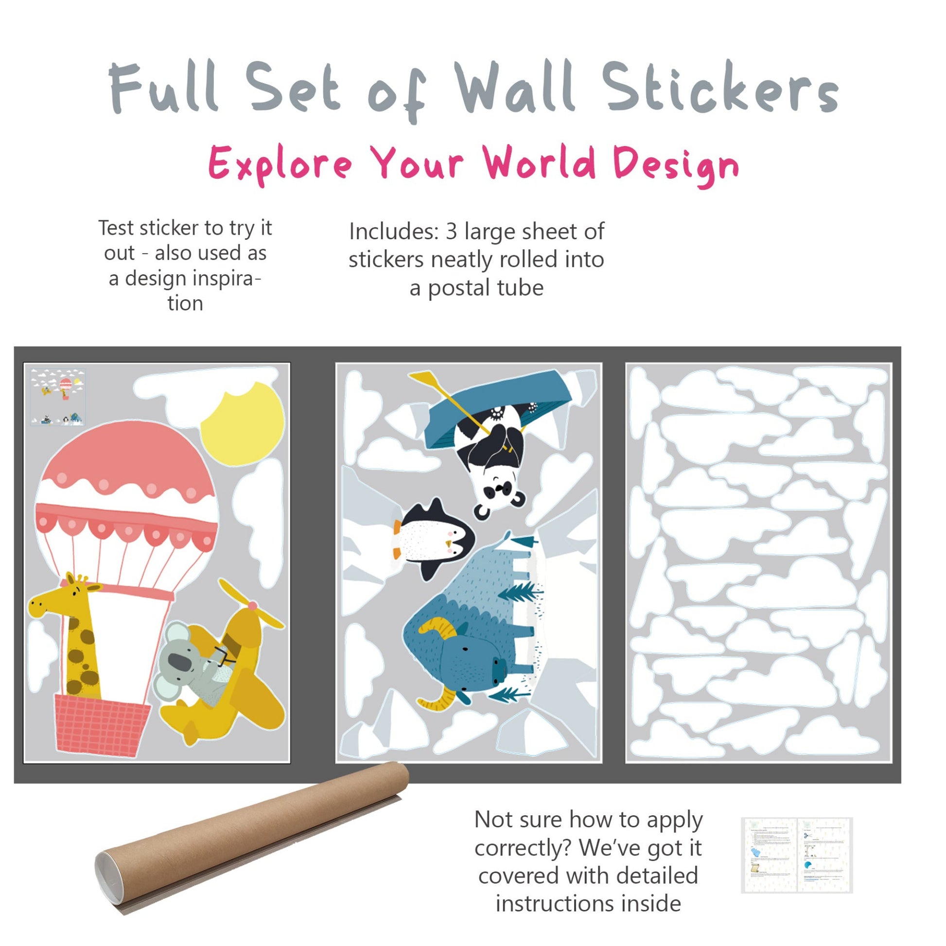 nursery wall sticker sheets with jungle animals adventure animals giraffe, koala, penguin, buffalo, panda