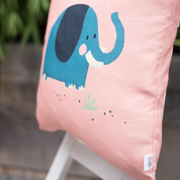 cotton cushion cover blue elephant on pink background