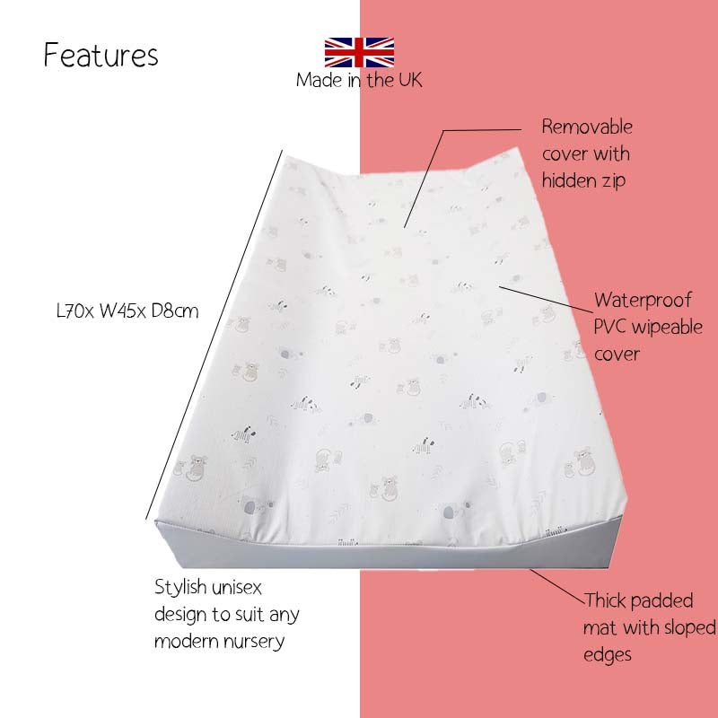 Jungle Safari Baby Changing Mat | Anti-Roll Design with Safari Animal Print | Wedge Mat | Raised Sides