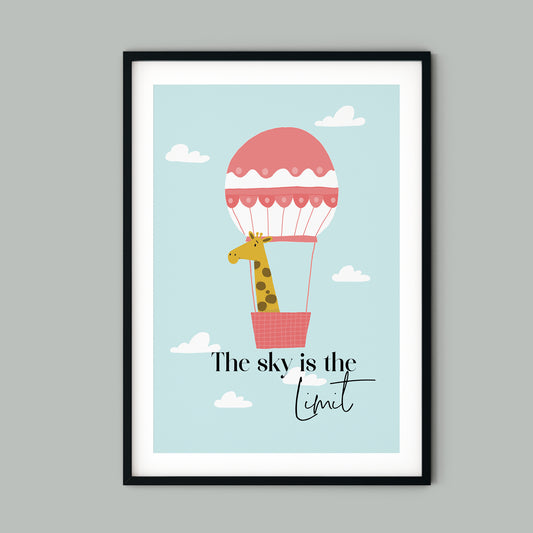 Greta Giraffe in Hot Air Balloon Personalised Art Print for Kids Bedroom| Giraffe Print for Baby Nursery