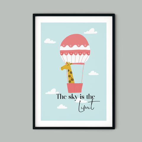 Greta Giraffe in Hot Air Balloon Personalised Art Print for Kids Bedroom| Giraffe Print for Baby Nursery