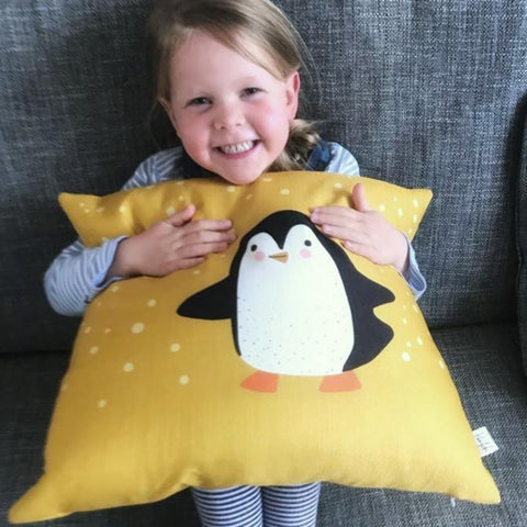 penguin gifts for kids, kids cushion covers, kids throw pillow, penguin throw pillow, pillow, mustard throw pillow, mustard cushion cover