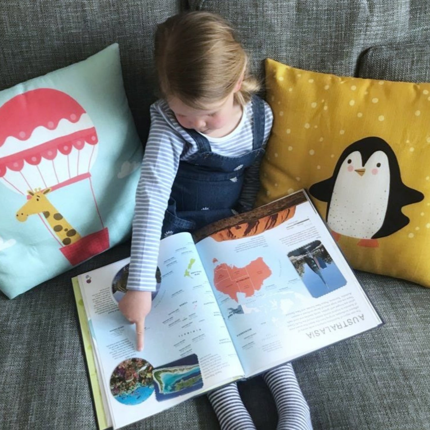 adventure cushions, giraffe print cushion, penguin print cushion, childrens home decor