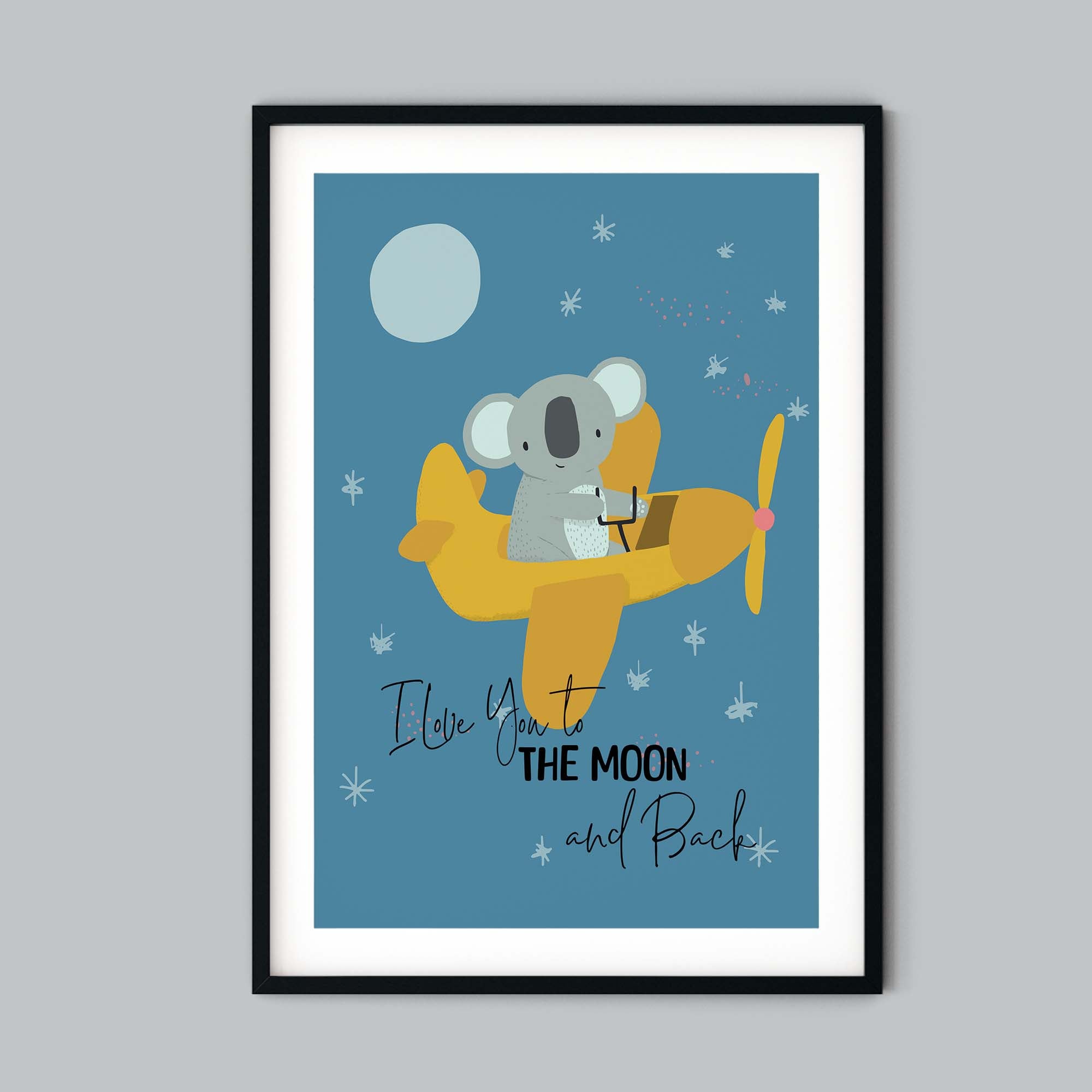 Keanu Koala in Areoplane Personalised Art Print for Kids Bedroom| Koala Moon Print for Baby Nursery