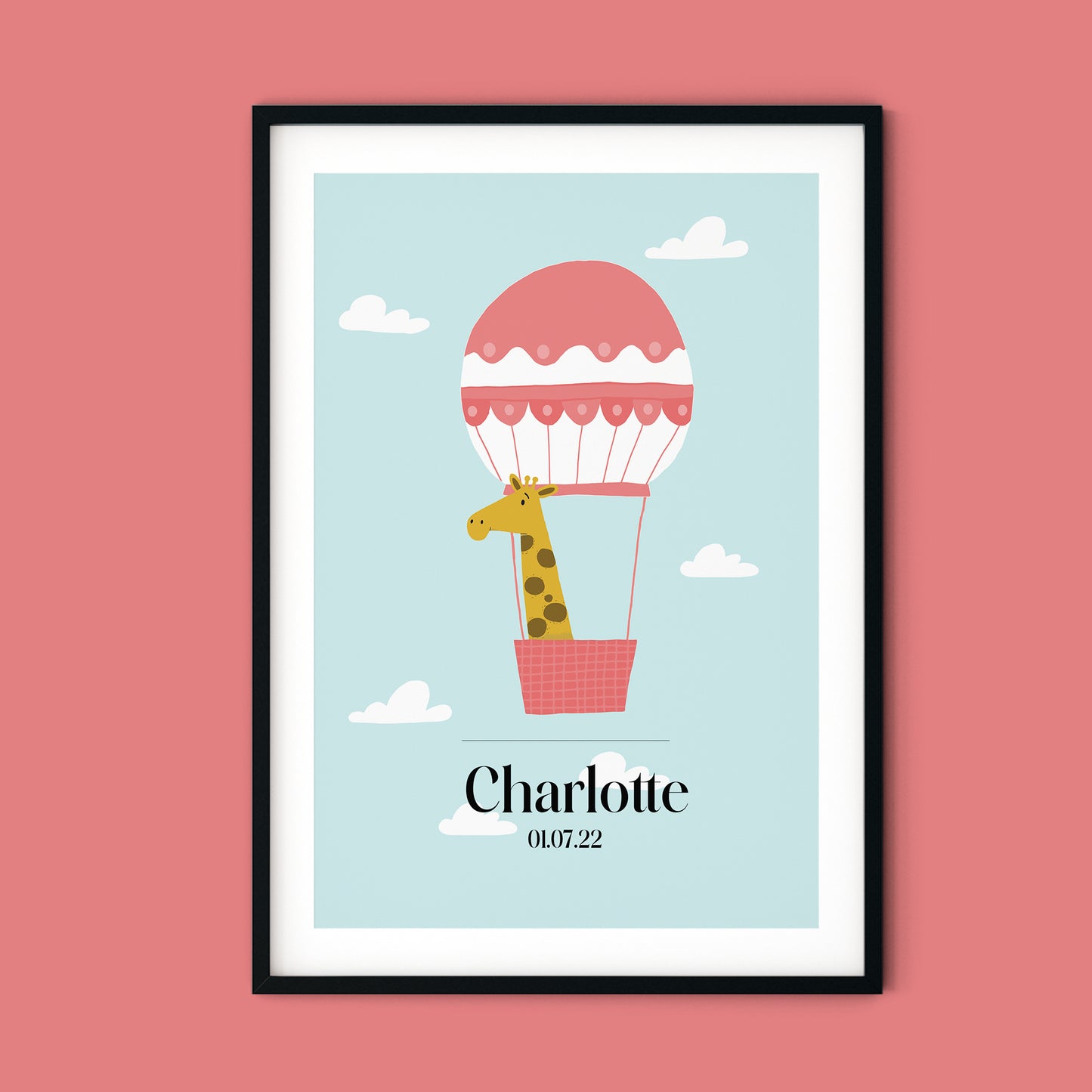 Greta Giraffe in Hot Air Balloon Personalised Art Print for Kids Bedroom| Giraffe Print for Baby Nursery