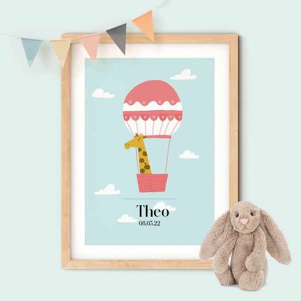 Greta Giraffe in Hot Air Balloon Personalised Art Print for Kids Bedroom| Giraffe Print for Baby Nursery