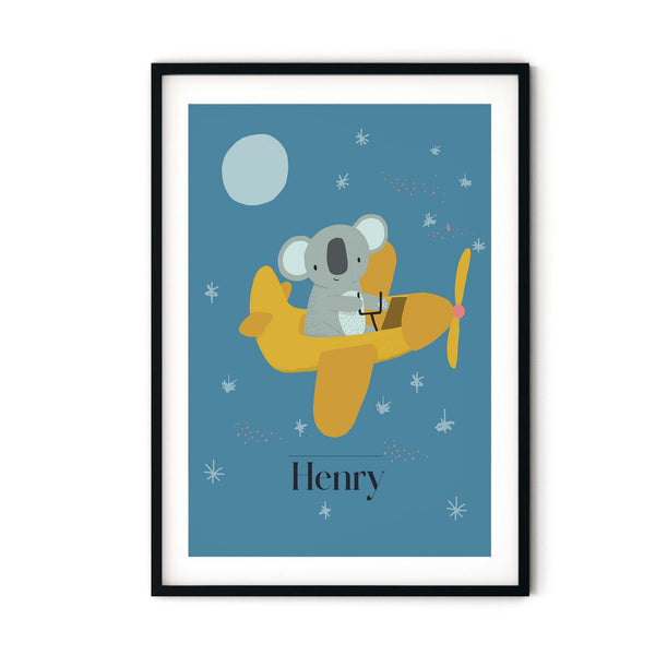 Keanu Koala in Areoplane Personalised Art Print for Kids Bedroom| Koala Moon Print for Baby Nursery